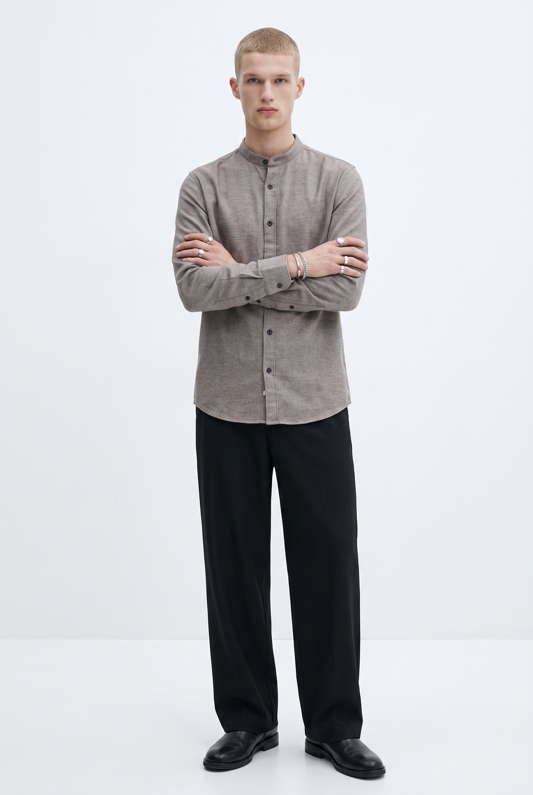 Casual Flanellhemd Rene Stehkragen Slim Beige/Blau