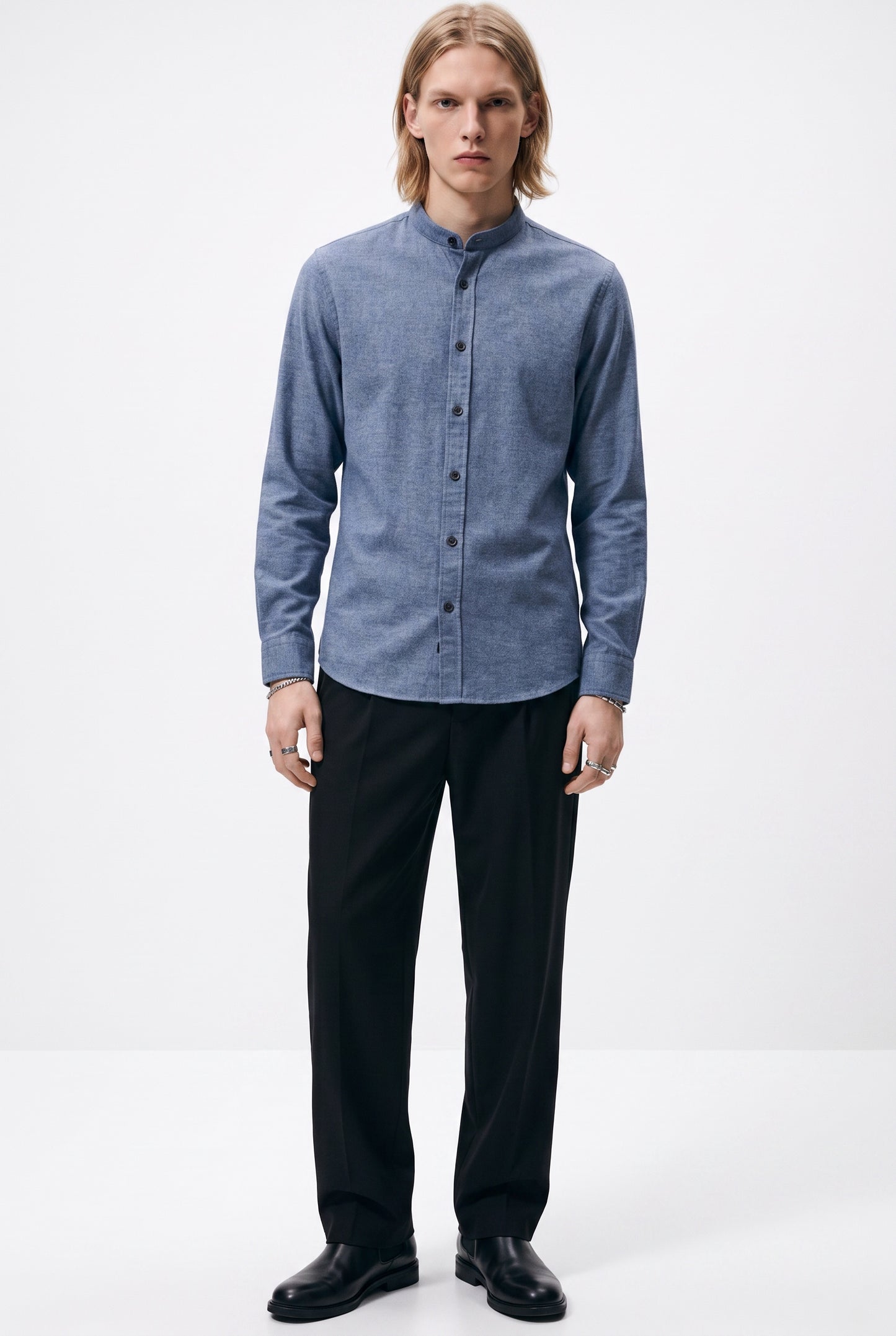 Casual Flanellhemd Rene Stehkragen Slim Beige/Blau