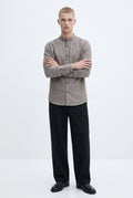 Casual Flanellhemd Rene Stehkragen Slim Beige/Blau