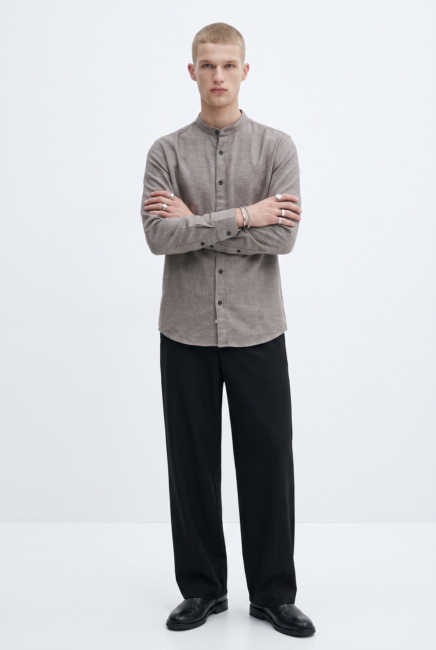 Casual Flanellhemd Rene Stehkragen Slim Beige/Blau