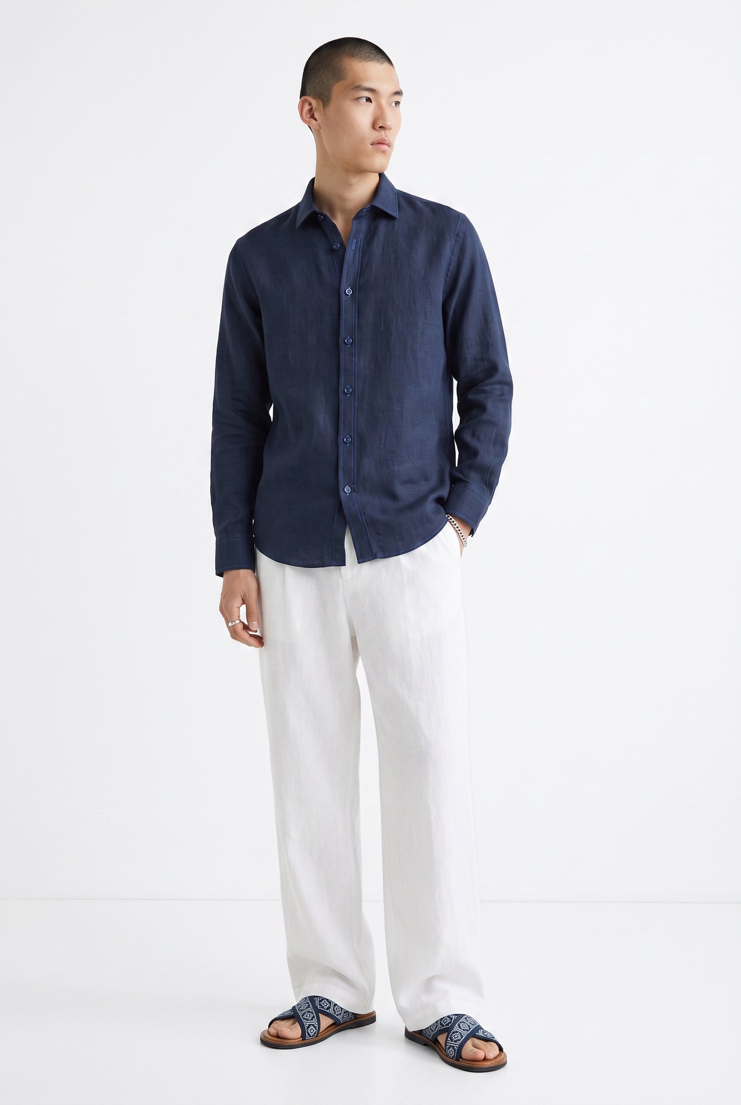 Leinen Langarmhemd Sandro Blau Slim Relaxed